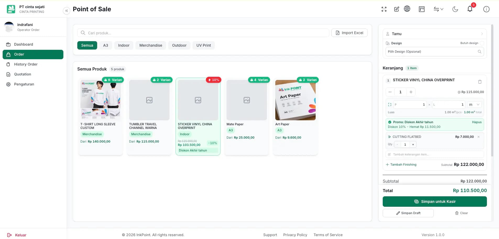 Layar order InkPoint: memilih produk, ukuran, dan harga pesanan pelanggan